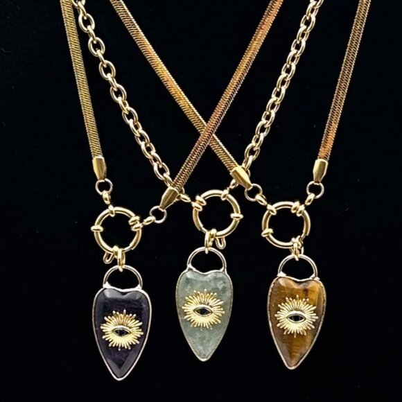 Tiger Eye Gemstone Heart Evil Eye Pendant Necklace 18K Gold Plated Chain 19 Inch - Picture 4 of 9